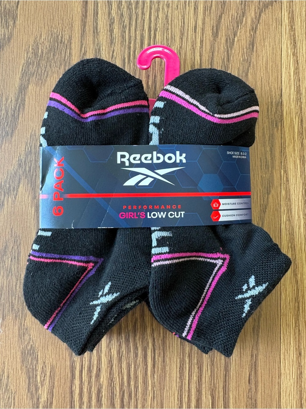 Reebok Black Low-Cut Athletic Socks with Pink and Purple Accents (6 Pack)
